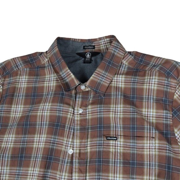 Volcom Men's Brown Neutral Plaid Short Sleeve Shirt XXL Surf Skate Beach Y2K - Picture 1 of 8